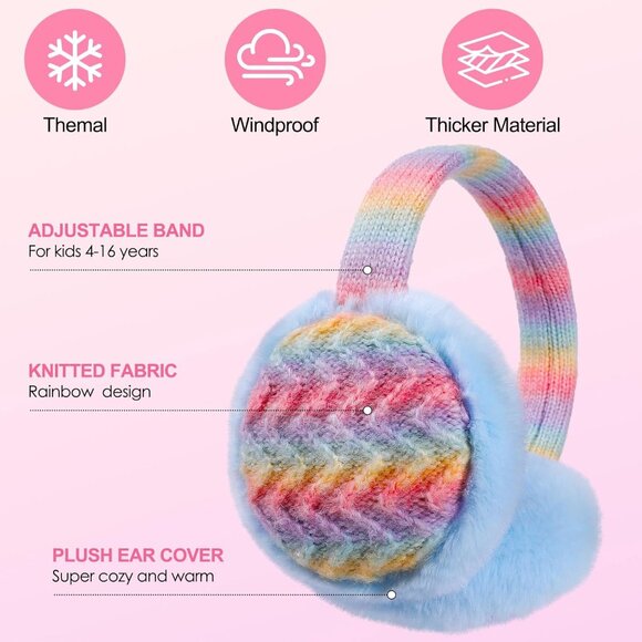⚡Kids Rainbow Purple Knitted Winter Outdoor Plush Adjustable Warm Ear Muffs - Picture 4 of 8